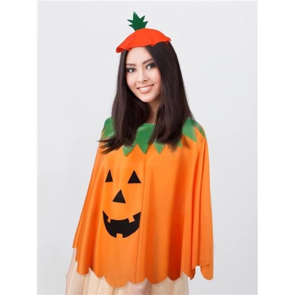 Adult Halloween Pumpkin Costume Set Pumpkin Cloak Poncho with‎ Candy Bag Hat - Picture 5 of 7